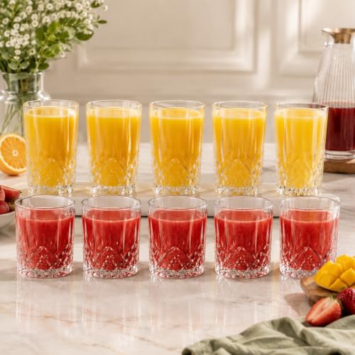 Image of bellemax Water & Juice Glasses 278 ML & 340 ML, Drinking Glasses for Home, Kitchen, Dining, Restaurant & Party, Premium Tumbler Glasses for Water, Juice & Beverages Set of 12