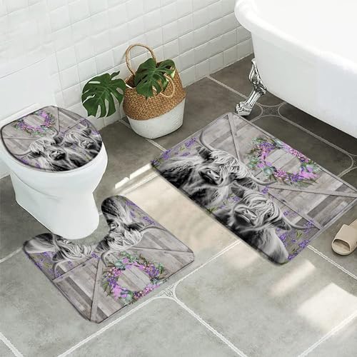 3pcs Farmhouse Highland Cow Bathroom Sets with Non-Slip Rug,Toilet Lid Cover and Bath Mat,Rustic Western Bull Purple Floral Spring Barn Door Wooden Board Animal Bathroom Carpett Bath Mat Toilet Rugs