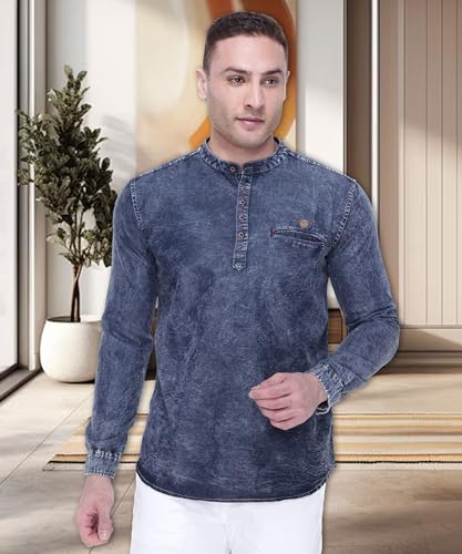 Image of Kuons Avenue Men's Tailored Fit Denim Kurta | Full Sleeves | Mandarin Collar - Stylish Everyday
