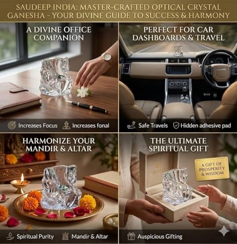 Image of SAUDEEP INDIA Crystal Ganesha Idol for Home Decor | Ganesh Murti for Home Temple, Car Dashboard & Office Desk | Ganpati Figurine Spiritual Showpiece Sculpture for Gifting | 8x8x5 Cm (Regular Quality)
