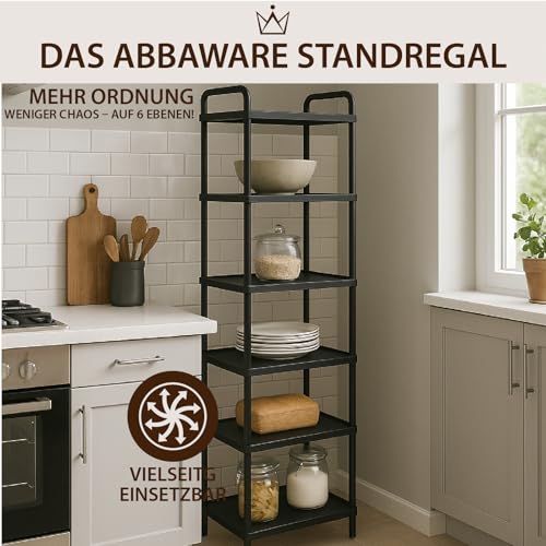 ABBAware Standregal mit 6 Ebenen - 40 x 30 x 135 cm Kunststoff schwarz - schmales Regal für Küche, Bad, Keller & Abstellraum - Badezimmerregal & Kellerregal ohne Bohren - schmales Regal