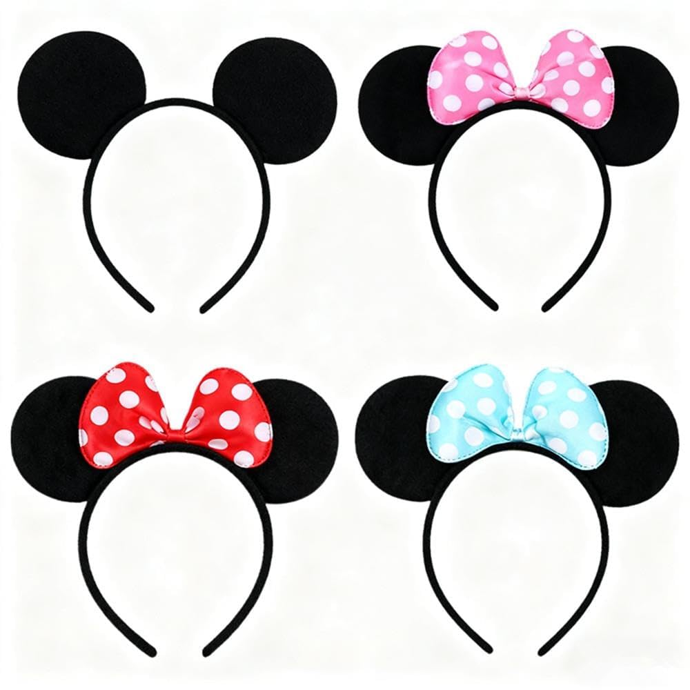 TRIXES Pack of 4 Cartoon Mouse Ears on Headband - Multicolour Satin Bow with White Polka Dots - Fancy Dress Costume Head Band Accessory