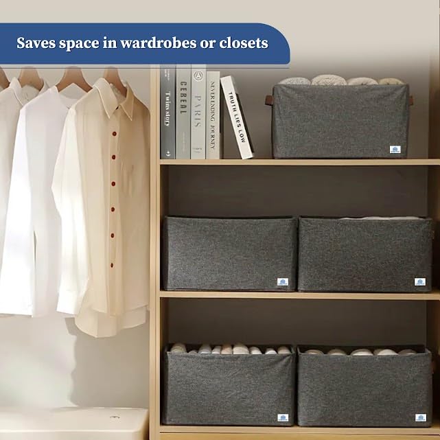 Image of HomeStrap Set of 4 Multipurpose Foldable Storage Basket with Iron Stand |Durable Fabric Cube Organizers for Toys, Clothes, Laundry, Books & Cupboard Storage - Large Storage Box with Handles