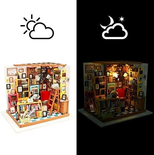 A split image showing the Sam's Study dollhouse in daylight on the left and illuminated by its LED lights in a dark setting on the right, demonstrating the effect of the lighting.