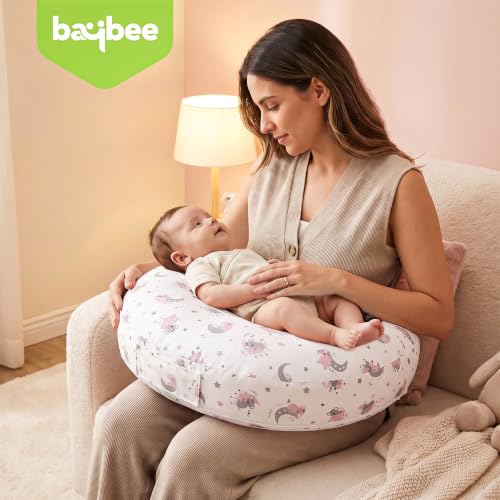 Image of BAYBEE Feeding Pillow for New Born Baby with Foldable Breastfeeding Cover | Feeding Cover for Nursing Mom with Adjustable Velcro & Back Support | Nursing Pillow with Removable & Washable (White Pink)