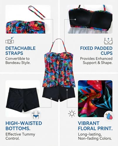 Image of Daci Plus Size Bandeau Tankini Swimsuit for Women 2 Piece Halter Swim Top with Shorts Tummy Control Bathing Suits