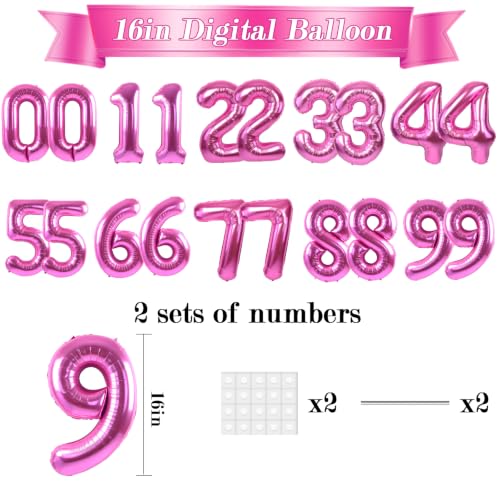 Image of TONIFUL 2 Set Hot Pink Number Balloons 16 Inch 0-9 Mylar Foil Balloons 20 Pcs Rose Red Small Custom Digital Ballons for Girls Birthday Bachelorette Bridal Baby Shower Decorations
