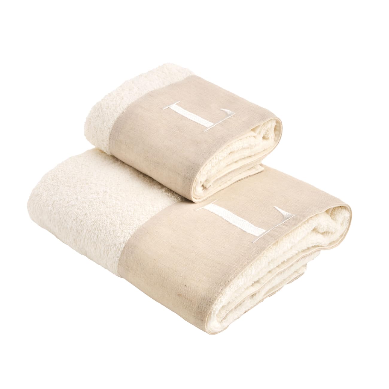 NELLA BIAGINI Set Asciugamani Bagno Viso e Bidet, con Iniziali Ricamate, Coppia Asciugamani Bagno, in Spugna di Cotone e Lino, 420 gr/mq, 110x60 cm + 60x40 cm, Made in Italy. Modello: Century