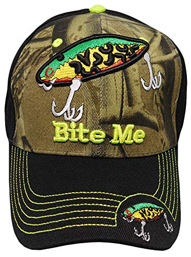 Bite Me Double Hook Fishing Lure Camouflage Camo Front Black Back 100% Acrylic Adjustable Embroidered Cap Hat #TOP1