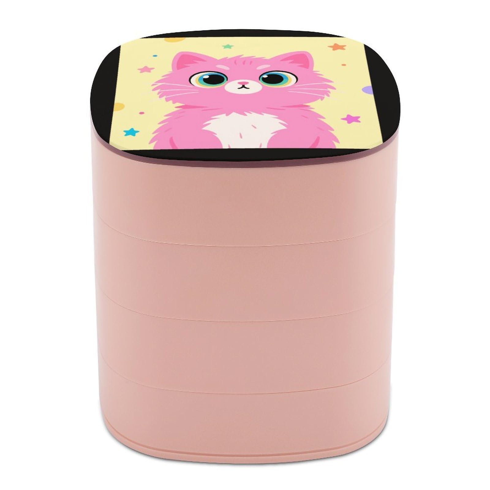 VstaDank Pink Cat Jewelry Box with Mirror 4-Layer Rotating Jewelry Tray Case Portable Jewelry Case Trinket Boxes Trinket Cases Travel Jewelry Organizer Earrings Storage Box