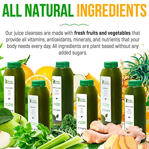 Raw Fountain 7 Day Green Juice Cleanse, All Natural Raw, Vegan Detox, Cold Pressed Juices, 42 Bottles 12oz, 7 Ginger Shots