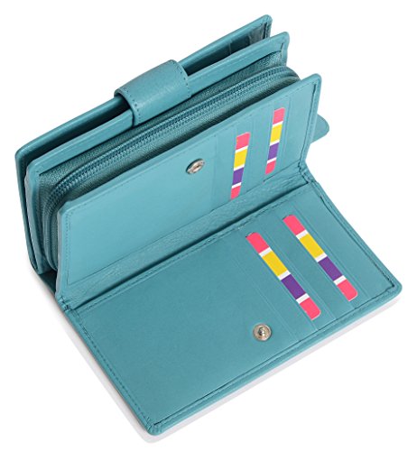 Saddler Womens Luxurious Rfid Protected Leather Large Bifold Purse Wallet With Centre Zipper Coin Purse | Ladies Designer Clutch Perfect For Id Coins Notes Debit Travel Cards | Gift Boxed - Teal #TOP4