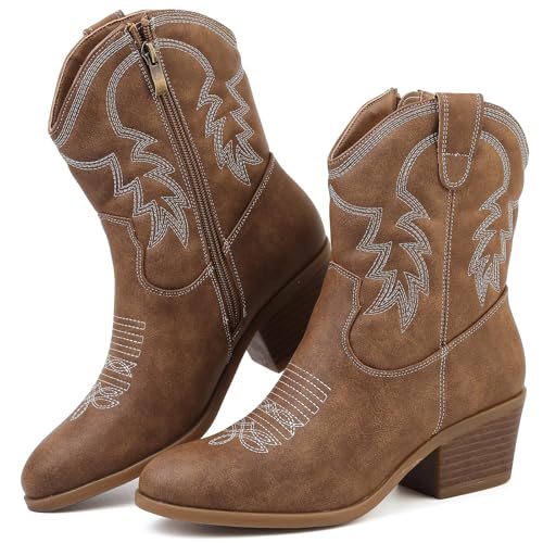 Bravover Cowboy Boots For Women Cowgirl Boots brown Western Size 5 Botte Cowboy Femme Knee High Wide Calf For Women Retro Western And Travelling Embroidered Pointed Toe Low Heel Mid Calf