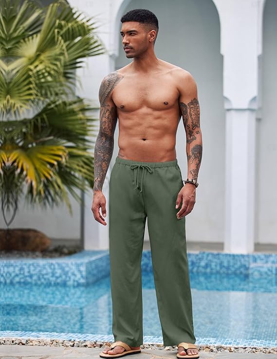 Image of CB-COLEBROOK Mens Casual Linen | Elastic Waist | Drawstring Summer Beach Yoga Linen Trouser | Loose Fit Pyjama Pants for Man
