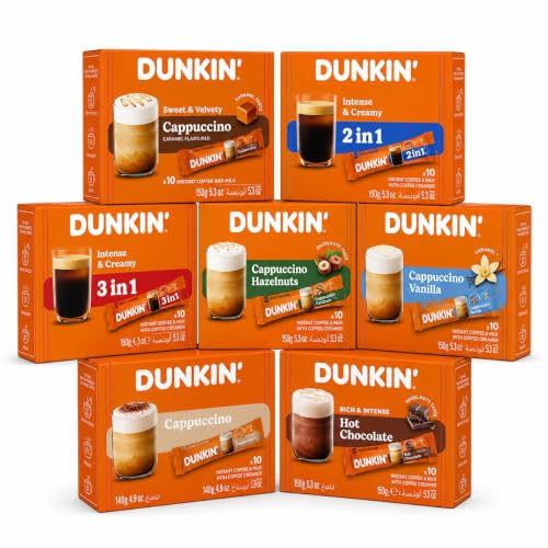 DUNKIN' Coffee STICKS Café Instantáneo XXL (7 x 20 unidades, 140 sobres) – Pack Degustación con Classic 2 en 1 y 3 en 1, Cappuccino (Caramelo, Avellana y Vainilla) y Chocolate Caliente