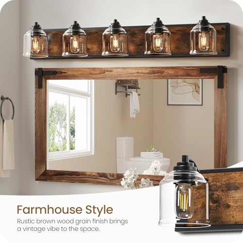 Image of 5-Light Bathroom Fixture, 39.8 inch Large Farmhouse Vanity Light, E26 Base (Bulbs Not Included), Thickened Glass Shade, for Bathroom, Bedroom, Vanity, Hallway, Rustic Brown and Black F21BD05
