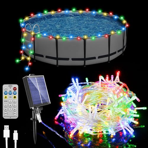 Solar Pool Lights for Framed Above Ground Pools, 56ft String Lights 150Bulbs, IP65 Waterproof Swimming Pool Accessories, Solar Powered with Charging Port, Remote 8 Modes, Outdoor Trampoline Camping