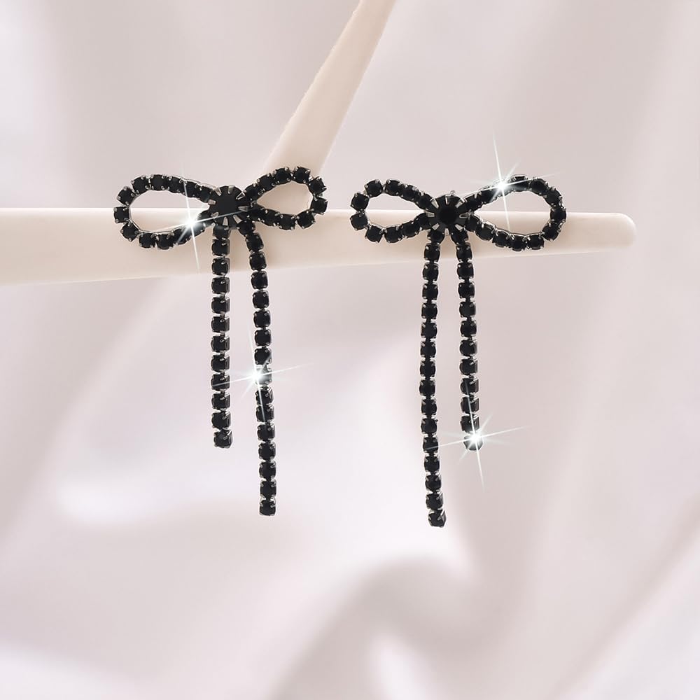 Sparkly Rhinestone Bow Dangling Earrings for Women Colourful Crystal Bowknot Chandelier Tassel Earrings Shiny Formal Earrings Bridal Wedding Accessory - Image 4
