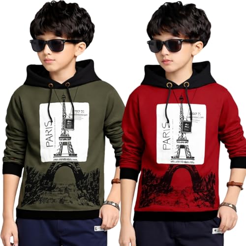 Image of ATLANS Cloths Kids Boys & Girls Hooded Neck Full Sleeves Typography Printed T Shirt, Olive Green, Pack of 1