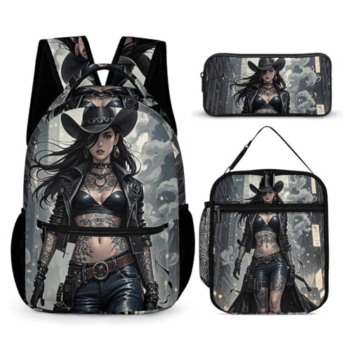 Cute Tattooed Cowboy Girl Backpack Set 3 Piece, Durable Backpack Insulated Lunch Bag Portable Pencil Case for Men Women