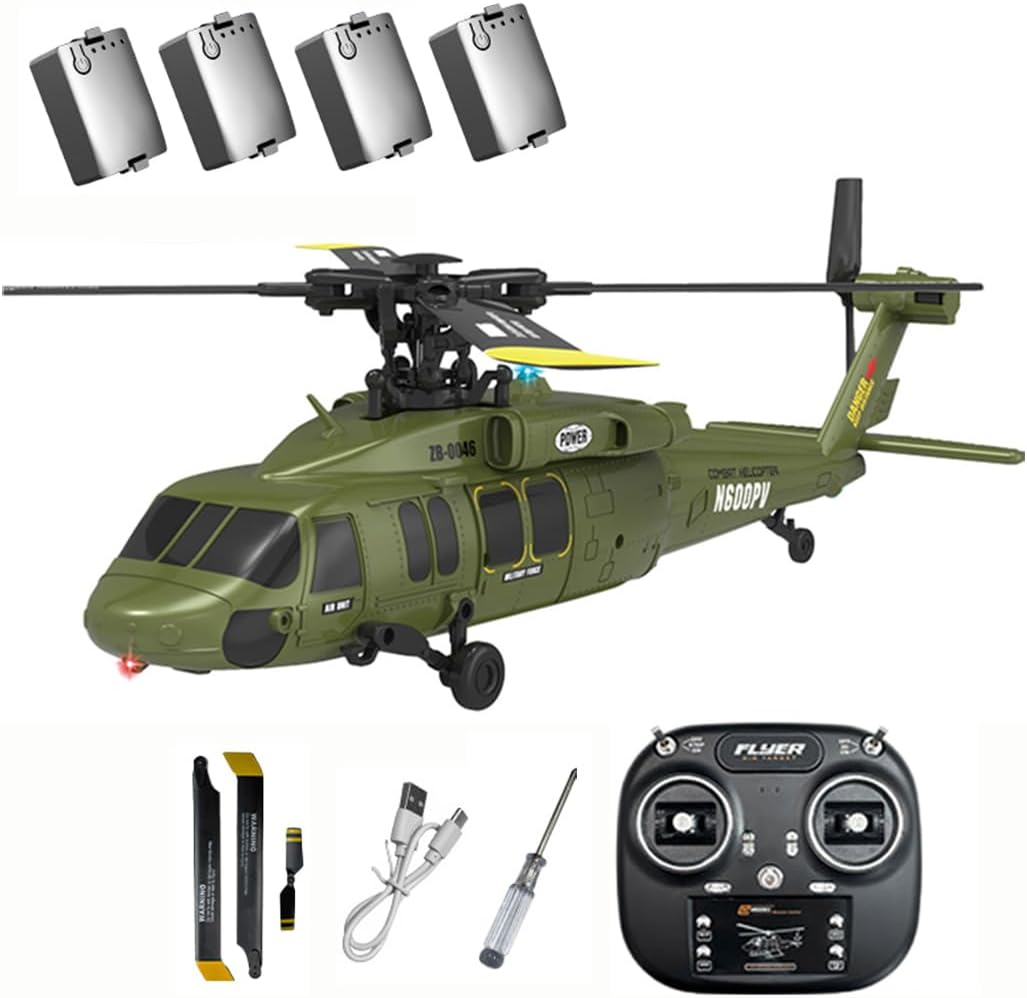 Black Hawk K200 6CH Simulation RC Helicopter with Brushless Motor, Optical Flow & Altitude Hold, One-Key Inverted Flight, 2.4G Remote Control, High Simulation Aerobatic Model (Green/4 Battery)