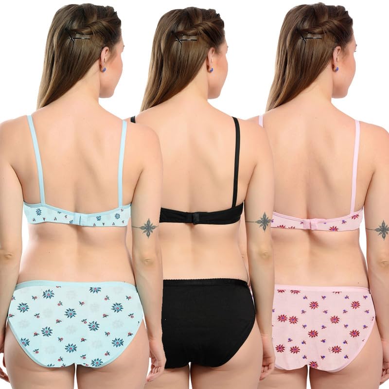 Image of Love Maker Evergreen Women Non-Padded Bra Panty Set Pure Soft Cotton Women Lingerie Sets Combo of 3 Pairs