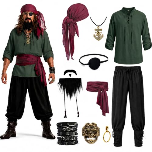 BHOLJU 10PCS Men's Pirate Costume Set, Renaissance Medieval Viking Outfit for Halloween Cosplay, Adult Pirate Party Supplies with Shirt Pants Belt Scarf Eyepatch Jewelry (Green, X-Large)