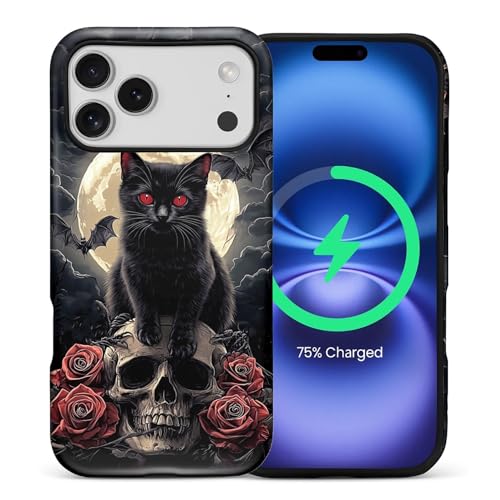 Coque iPhone 17 Pro Max antichoc MagSafe brillante avec motif esthétique chat noir pour jeune