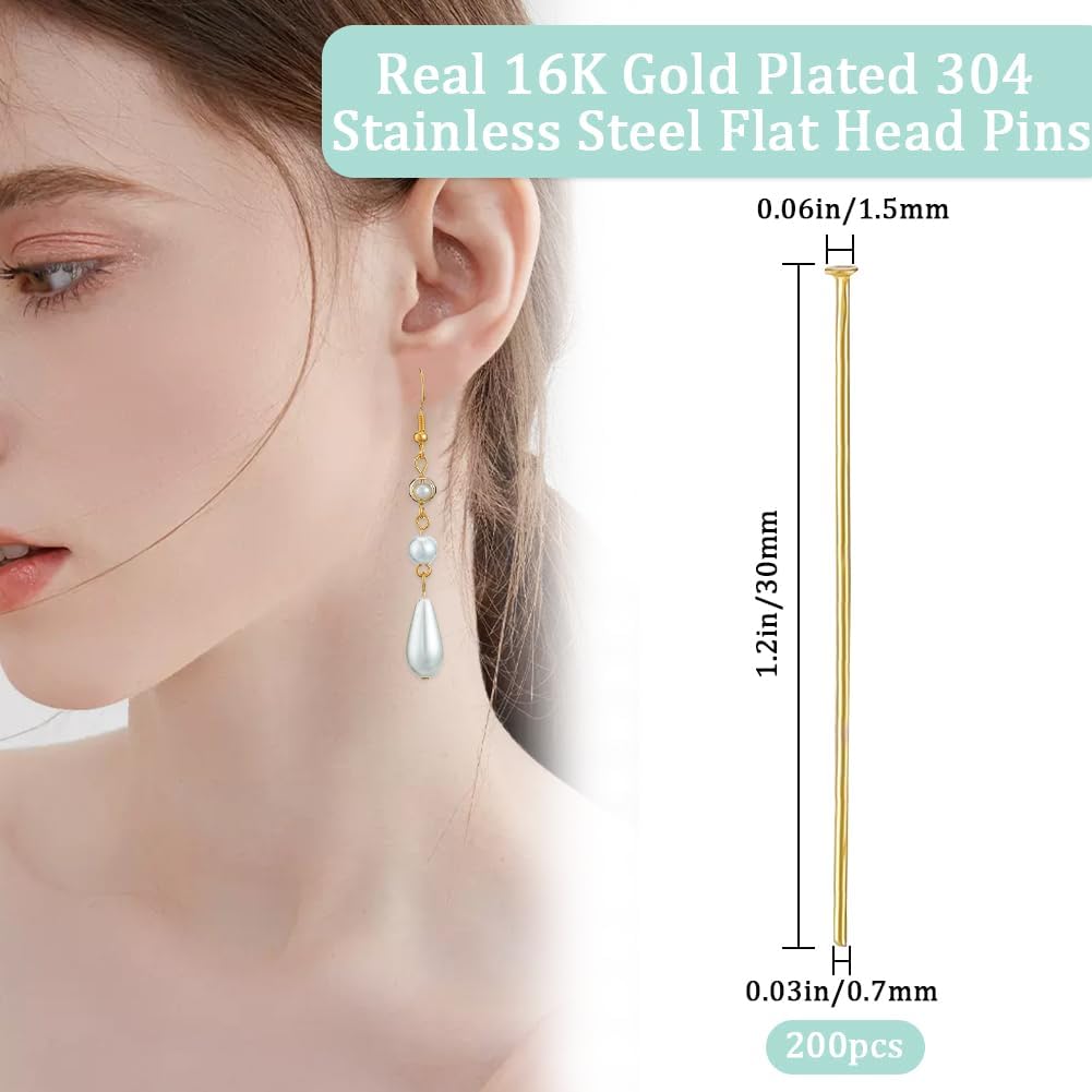 Beebeecraft 1 Box 200Pcs 35mm Flat Headpins 16K Gold Plated Stainless Steel Flat Head Jewelry Making Pins 21 Gauge Bendable Wire Pin for Jewellery Earring DIY Craft Head: 1.5mm