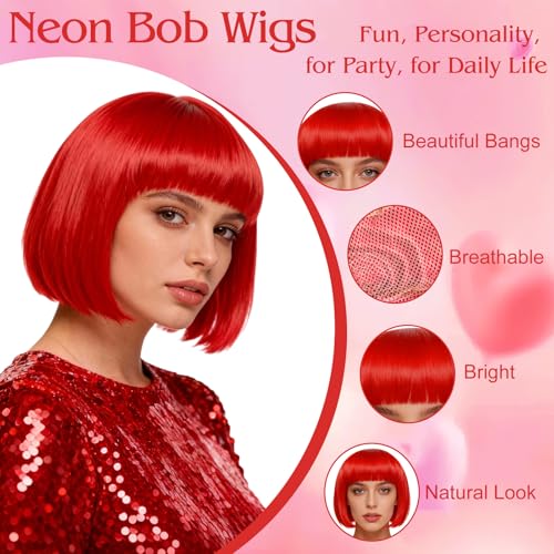 Image of MEEZY 2 Pcs Colorful Bob Wigs with Bangs Black Red for Women, Neon Fun Wig Short Bob Hair with Heart Sunglasses Hair Cap for Halloween Costume Cosplay Photography Birthday Bachelorette Party
