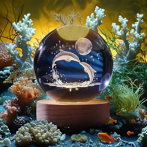Image of Hamsa LED Crystal Ball Night Light - 16-Color Changing Globe Lamp with Dolphin & Moon Design, USB-Powered Desktop Decorative Mood Light for Home & Office