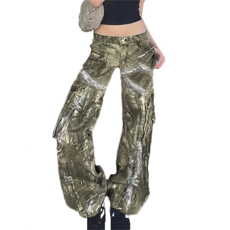heyheyshine Cargo Pants Women Camo Low Waist Straight Wide Leg Casual Pants with Pockets Baggy Y2K Trousers Streetwear