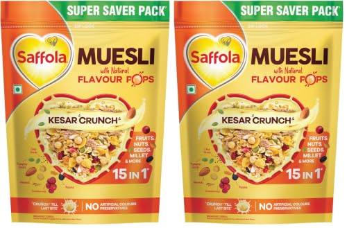 Image of Saffola Muesli Kesar Crunch with Flavour Pops, 700 gm | 15 in 1 Fruit and Nuts, Seeds, Millet & more | Cereals for breakfast rich in wholegrain, protein, fibre (Pack of 2)