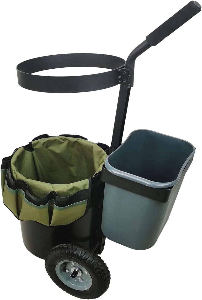 DIYTuning Durable Steel Garden Hand Cart Trolley Mobile Caddy Lawn Tool Organizer Storage Multifunctional Gardening Yard Wheeled with Bucket Bag