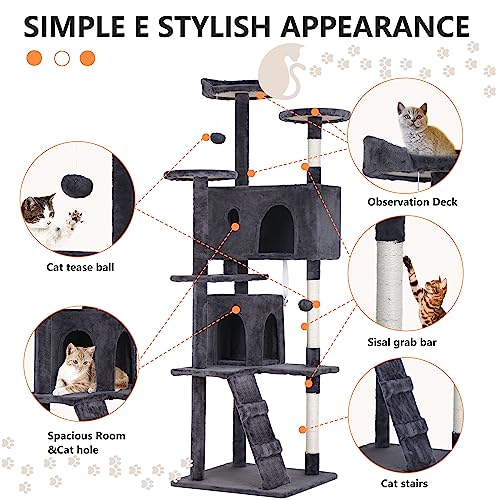 Image of BestPet | 70 inch Cat Tree Tower | Ashy | Sturdy, Easy to Assemble, Multi-Level Activity Center with Sisal Scratching Posts, Condos, Perches, Hanging Cat Toys, Observation Decks & Ladder