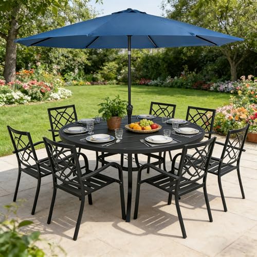 Image of SUNCROWN 8-Piece Outdoor Wrought Iron Chairs and Table Patio Dining Furniture Set-6 Stackable Metal Chairs, 1 53 inch Round Bistro Table and 1 Dark Blue 9Ft Patio Umbrella for Garden Backyard Deck