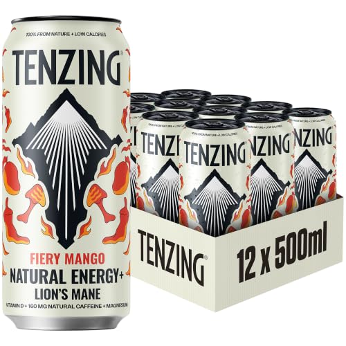 TENZING Super Natural Energy Drink Fiery Mango 160MG Caffeine Vitamin D Magnesium Mushrooms Plant Based Vegan & Gluten Free 500ml (Pack of 12) - Packaging may vary