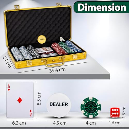 Image of WISHKEY Golden Casino Style Poker Set, 300 Pcs Ceramic Printed Denomination Chips with Lockable Aluminum Finish Case 2 Decks of Cards 5 Dice 1 Dealer Button 2 Keys Classic Multiplayer Game, 14+ Years