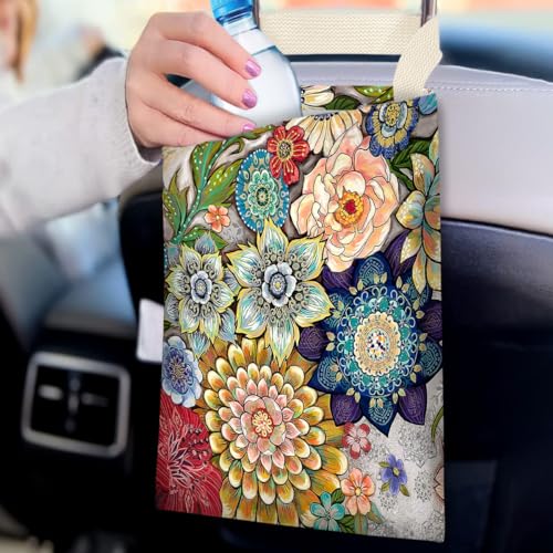 Image of Boho Floral Car Trash Bags - Hanging, One-handed Strap, Cute Printed, Small Garbage Bags for Car Back Seat Accessories