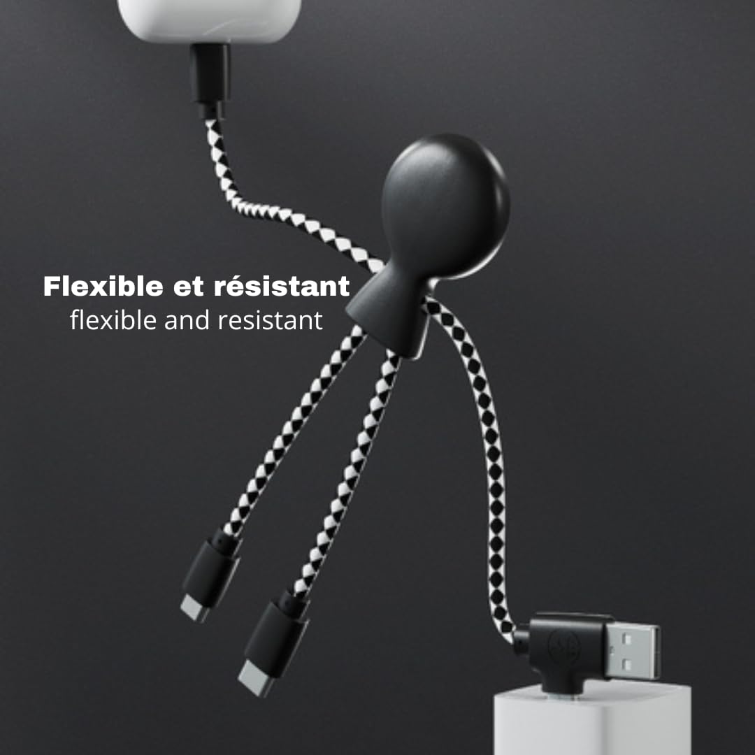 Xoopar - Mr Bio 4w1 kabel Multi USB w kształcie czarnej ośmiornicy - uniwersalna ładowarka z tworzywa sztucznego z recyklingu - gniazdo USB, USB-C, Lightning, Micro USB do uniwersalnego smartfona