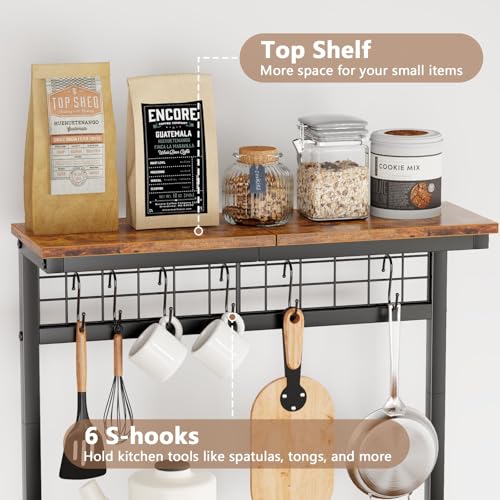 Yanara Bakers Rack with LED Light, Small Microwave Stand with 4 Tier Shelves, Coffee Bar Station Table with 6 S Hooks, Kitchen Storage Rack for Spices, Pots, Rustic Brown