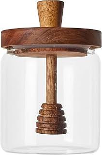 Glass Honey Jar - 500ml Pot with Wood Lid | Clear Dispenser with | dipping stick | Decorative container for coffee, tea, breakfast table, kitchen storage, pantry shelf, baking preparation