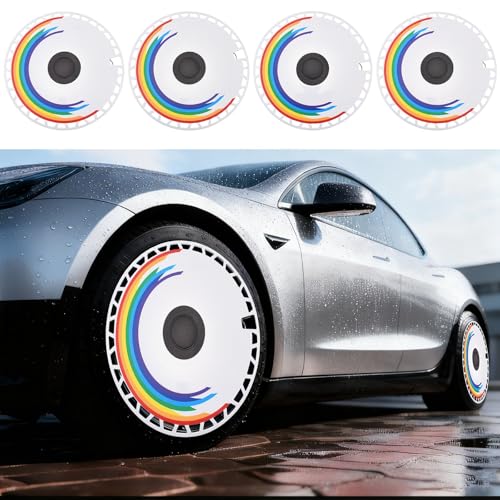 Image of White with Rainbow Hubcap Wheel Cover Replacement Kit 12 inch Hub Caps Wheel Rim Cover Snap-On Full Coverage Hubcaps Car Exterior Accessories Set of 4, 12 inches
