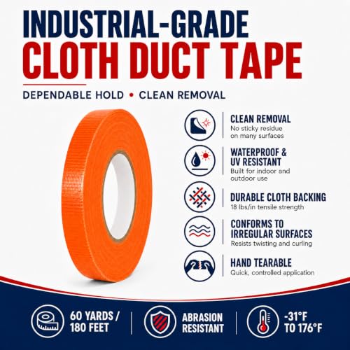 Image of GGR Supplies CDT-36 Industrial Grade Cloth Duct Tape, Orange 3 /4 Inch x 60 Yards, Waterproof UV Resistant Heavy Duty, Clean Removal with No Sticky Residue for Repairs, Packaging, and Bundling