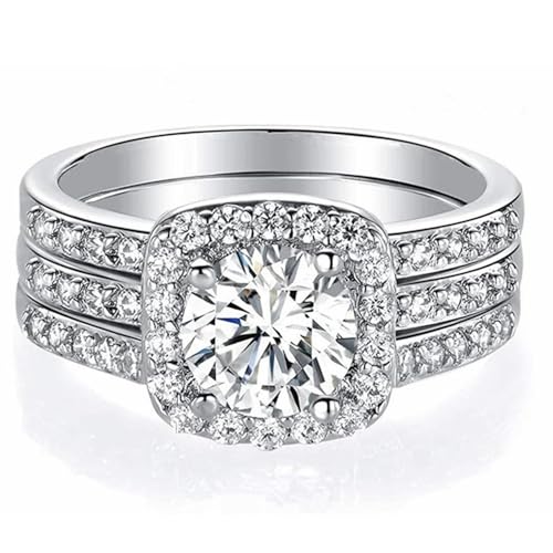 2.8 Ctw Moissanite Wedding Ring Set for Women 3 Pieces Halo Bridal Ring Set Engagement Ring Set Platinum Plated Silver 10K 14K 18K Gold Promise Rings for Her