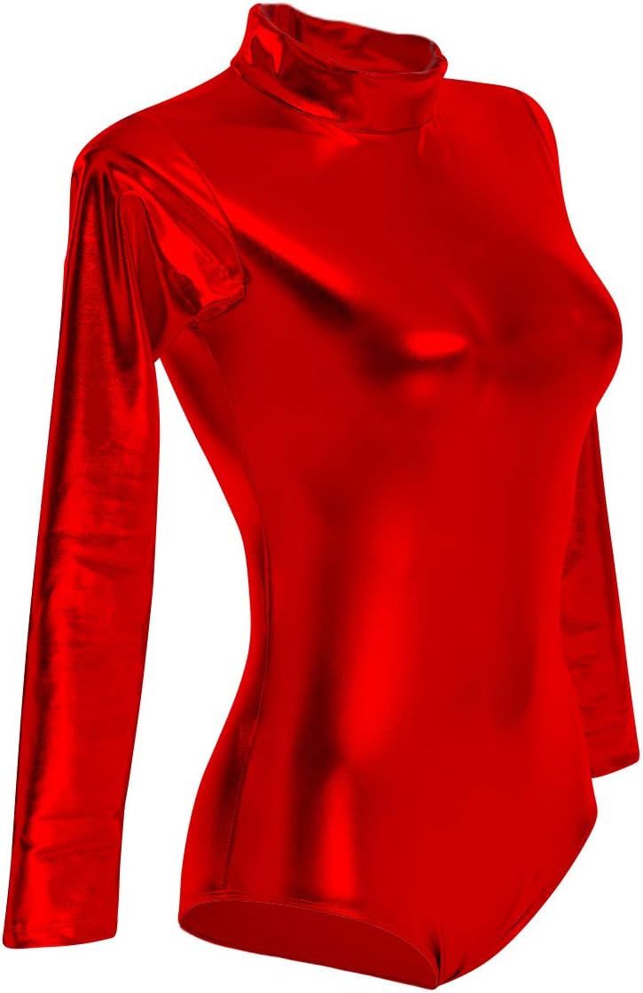 odizli women shiny metallic long sleeve leotard mock turtleneck one piece bodysuit for gymnastics ballet dance red small
