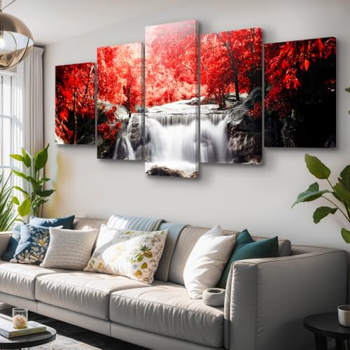 Lager Canvas Wall Art 5-Piece Red Woods Waterfall Canvas Print Artwork Paintings for Wall Art for Living Room and Framed Wall Decor