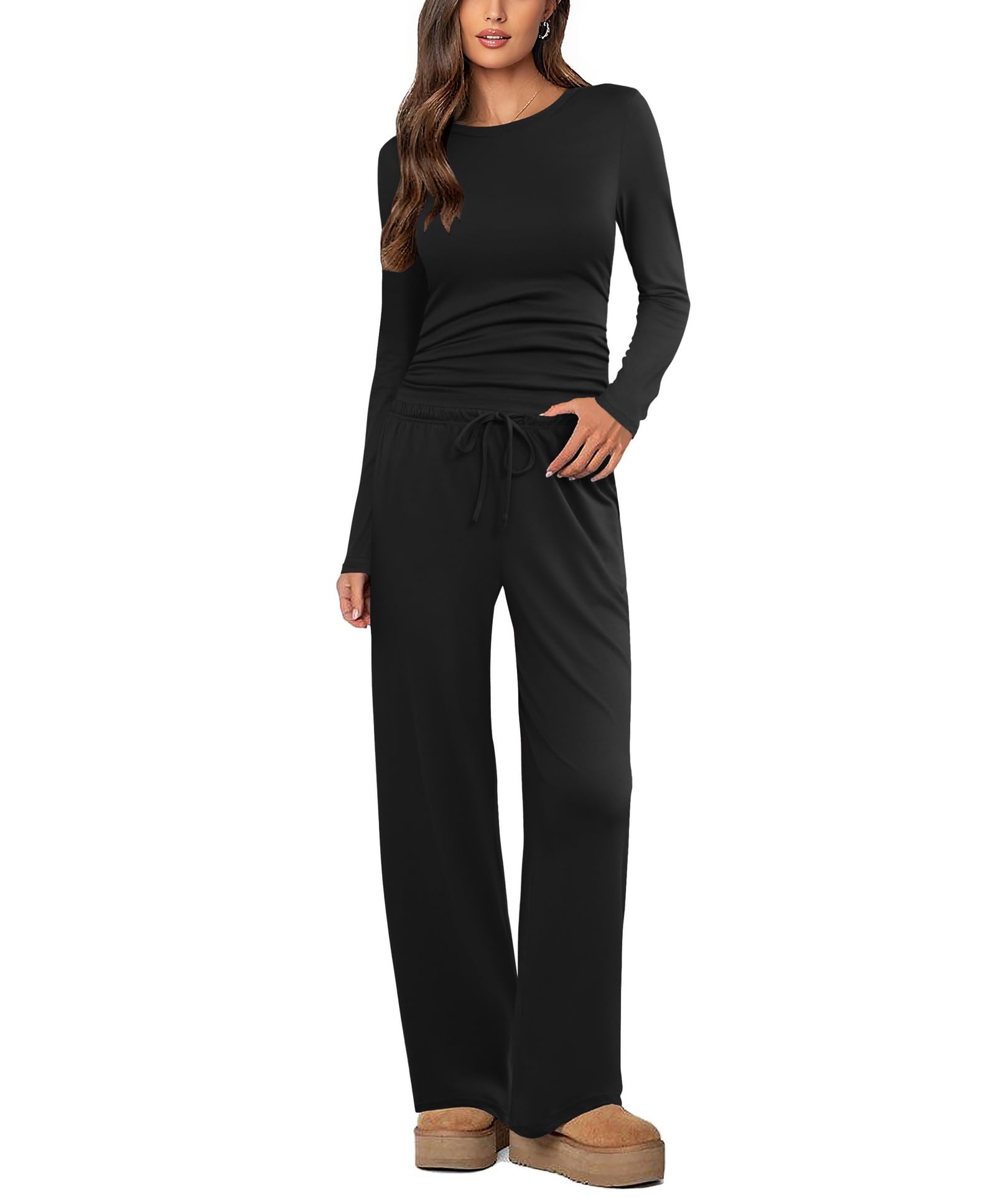 Ekouaer Womens 2 Piece Lounge Sets Pajama Set Long Sleeve Ruched Waist Top and Wide Leg Tracksuits Fall