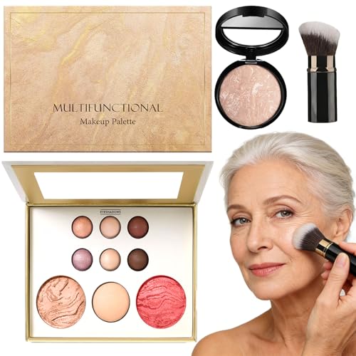 3 Pcs Makeup Palette Set, Baked Starter Kit, All-in-One Make Up Gift Sets For Women, Includes Baked Balance Foundation & Multi-Functional Makeup Palette & Retractable Brush, for Mature Skin
