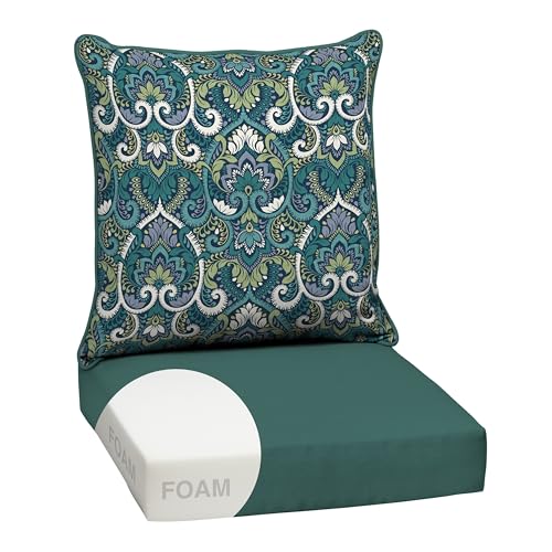 Image of Arden Outdoor Foam Deep Seat Cushions Set, 24x24, Premium High-Density Foam, Never Flattens, Weather-Proof for Patio Chair Sofa Couch, Sapphire Aurora Blue Damask